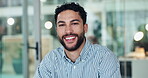 Face, business and man in office with smile, pride and opportunity for career development. Happy, marketing manager and person in workplace with confidence, job promotion and about us in agency.