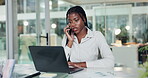 African woman, talking or phone in office with laptop, professional or discussion for consultation. Communication, business person or mobile in company with tech, speaking or research for deal.