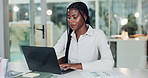 Business, typing and black woman with laptop in office for financial review, chart or stats at night. Computer, deadline and analyst reading email for data metrics, investment and writing report