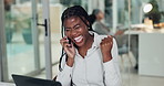 Woman, phone call and success in office for finance, fist pump and celebration at investment company. African person, trading or broker with smartphone, laptop and achievement with profit at agency