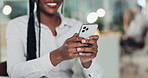 Hands, business woman and typing with phone in office for email, app notification or check schedule. Bokeh, happy employee and smartphone at desk for online communication, work break and web research