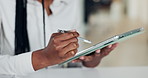 Business woman, hands and writing with tablet in office for schedule reminder, UI design or testing. Female person, stylus pen or research with technology for UX project, tasks or agenda at workplace