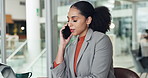 Business, woman and laptop with phone call in office for discussion, planning and financial report. Accountant, talking and mobile with pc, contact client and budget review for investment feedback