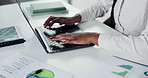 Business, hands typing and woman with laptop in office for financial review, chart or stats. Computer, desk and analyst writing email for data metrics, investment kpi and risk management report