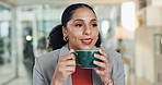 Happy woman, thinking and mug with coffee in office for morning start, aroma or caffeine. Thoughtful, female person or employee with smile, cup or warm beverage for drink or begin day in workplace