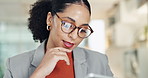 Glasses, tablet and reading with business woman in office for data analysis, reflection and budget charts. Accounting graph, revenue planning and online report with person in finance firm for review
