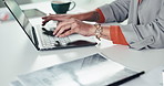Business woman, typing and hands with laptop for info search, report and digital proposal in office. Female accountant, document and technology for audit notes, financial planning and writing email