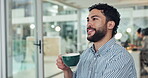 Business man, thinking and coffee at agency to start morning, story vision or article inspiration. Coworking office, journalist and smile with beverage at work for publication planning and reflection