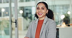 Face, business and woman with smile in office for career pride, about us and financial company. Portrait, female person and happy employee with ambition, accounting consultant and payroll management