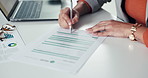 Business woman, hands and signature with documents for finance or legal agreement in office. Female person, accountant or employee signing with paperwork for financial policy or terms and conditions