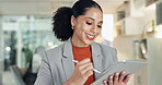 Woman, software designer and smile with tablet for UI testing, UX or app development at office. Bokeh, web developer or technology with stylus pen for online prototype or AI platform at workplace