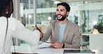 Hr, interview and people in meeting with handshake, discussion and corporate office for recruitment. Professional man, management or team together with paperwork for hiring, success or promotion