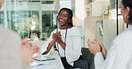 Applause, success and celebration with business woman in meeting for congratulations, deal and support. Clapping hands, partnership and promotion with people in agency for achievement and thank you