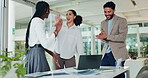 Happy people, partnership and high five in office with laptop, collaboration and success for good news. Man, women and colleagues in company with tech, celebration and communication for business deal