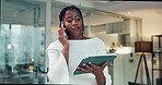 Office, phone call and woman with tablet, talking and wealth management with research and discussion. Reading, info and black person with mobile for communication, financial advisor and networking