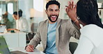 Business people, laptop and team high five in office for corporate success, achievement or job. Professional man, woman and collaboration with technology to celebrate win, bonus deal or target