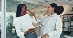 Business women, team or high five with tablet for success, good news or promotion in office. Happy, female people or employees with smile on technology for bonus, winning or project deadline together