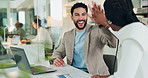 Laptop, business people and high five in office for celebration, investment target or funny joke. Computer, excited team and hands together for goal success, excellence or laugh for financial profit