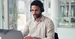 Headset, office and business man on laptop talking for lead generation, online sales and communication. Computer, corporate and person with mic for customer service, virtual assistance or contact