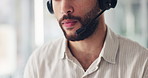 Headset, mouth and business man on laptop talking for lead generation, online sales and communication. Computer, corporate and person with mic for customer service, virtual assistance or contact