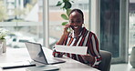 Happy, phone call and woman with document, office and financial advisor with laptop, graphs or data. Reading, paperwork and black person with tech for risk management, discussion or smile with mobile