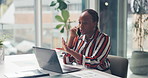 Phone call, discussion and woman with laptop, office and financial advisor with data, graphs or info. Talking, employee and black person with tech for risk management, documents and chat with mobile