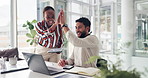 Man, woman and high five with laptop at office, excited and tablet for celebration, goals or team at startup. Business people, success and happy with computer, application or bonus at creative agency