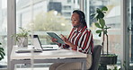 Headset, office and business black woman on tablet talking for lead generation, online sales and communication. Computer, corporate and person for customer service, virtual assistance and contact