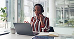 Headset, laptop and black woman in office with call center, crm or communication for online client. Audio tech, computer and African female technical support agent with customer service in workplace.