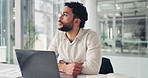 Business, thinking and man in office, laptop and ideas for news report, internet and decision. Person, journalist and employee in workplace, pc and research for article, choice and problem solving