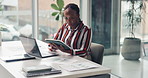 Finance, documents and business black woman on tablet for investment, budget report and research. Professional, corporate and person with laptop and tech for financial proposal, planning and feedback