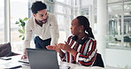 Call center, laptop and people with teamwork, planning and connection with conversation. Help desk, man and woman in office, computer and feedback with discussion, customer service and coaching