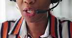 Mouth, mic and talk at call center with consulting, advice or contact us for customer support at office. Person, agent and voip tech with headset for communication, solution and help desk at company