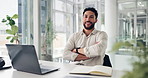 Face, laptop and man in office, arms crossed and copywriting with happiness, pride and internet. Person, smile and journalist in workplace, confidence or creative agency with pc and career ambition
