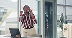 Excited, woman and fist pump in office, phone call and financial advisor with paper and celebration. Throwing, documents and wealth management with laptop, black person and investment opportunity