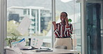 Woman, phone call and celebration in office with fist pump, deal and throw documents at finance company. African person, broker and happy with smartphone, success or achievement with profit at agency