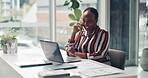Happy, phone call and woman with laptop, office and financial advisor with data analysis and report. Talking, employee and black person with tech for risk management, document and chat with mobile
