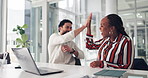 Man, woman and high five with applause at office, excited and smile for celebration, goals or team at startup. Business people, success and happy with computer, motivation or bonus at creative agency