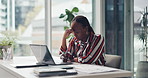 Black woman, headache and laptop at office for stress, vertigo or fatigue with deadline at media company. African person, migraine and pain with documents, tired and burnout with brain fog at startup