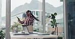 Black woman, headphones and happy with dancing at office, celebration and goals at media company. Person, excited and listen to music with smartphone, subscription and mobile app at creative agency