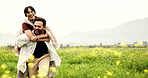 Happy couple, running and grass field with piggyback in countryside for weekend or travel in nature. Man, woman or carrying with smile for love, freedom or outdoor journey together on mockup space