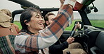 Woman, dance and friends in car, road trip and excited or adventure on weekend, holiday and freedom. Bonding, people and tourism in vehicle, sing and drive to vacation for journey or celebration