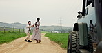 Dancing, nature and couple with vacation, vehicle and bonding together with weekend break. Energy, relationship and happy man with woman, honeymoon and holiday with journey, movement and road trip