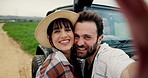 Couple, face or hug on road trip for selfie, social media or relationship status update at car. Happy man, woman or outdoor in photography POV for travel blog, special memory or love in countryside