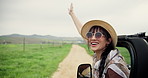 Happy woman, car or window with freedom for road trip adventure, travel or journey in countryside. Excited, female person or passenger with hat or sunglasses in vehicle for holiday vacation in nature