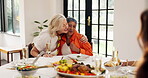 Happy, hug and old women with meal, home or gathering for friends with food, alcohol and retirement. Elderly people, break and embrace for reunion, talk and excited for brunch, smile and bonding