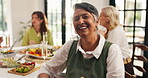 Face, laugh and mature woman in home with party, bonding and enjoyment in friend reunion. Portrait, happiness and senior people in living room with food, celebration and gathering in shared meal.