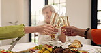 Hands, cheers and celebration with champagne, home or friends with lunch for reunion in dining room. Happy, old women and toast with alcohol in gathering, together and bonding with brunch in house