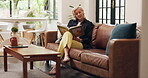 Reading, book and old woman on couch, lounge and break with smile for literature, relax and fiction. Happy, reader and senior person with novel for entertainment, knowledge and retirement in house