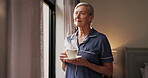 Thinking, smile and old woman with coffee by window,  morning inspiration and memory reflection. Calm, happiness or senior person in retirement home with hot beverage, peace and nostalgia on weekend
